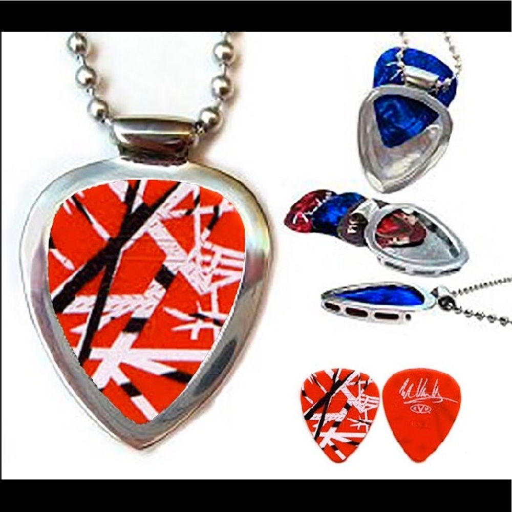 Eddie-Van-Halen striped Guitar Pick + Pickbay guitar pick-holder necklace NEW